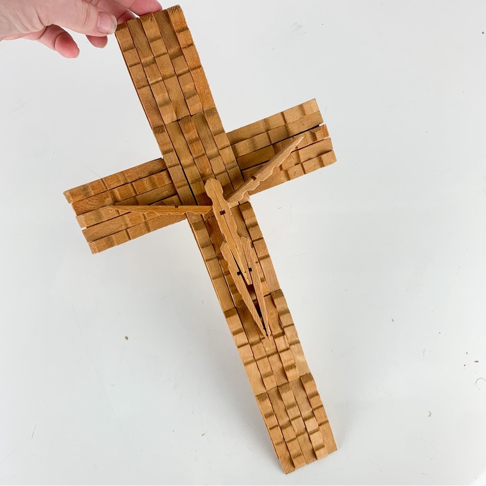 Rare Folk Art Vintage Wooden Crucifix Wood Clothespins Jesus Christ Cross Rustic